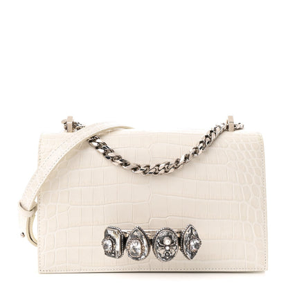 Shiny Calfskin Crocodile Embossed Knuckle Jeweled Crossbody White