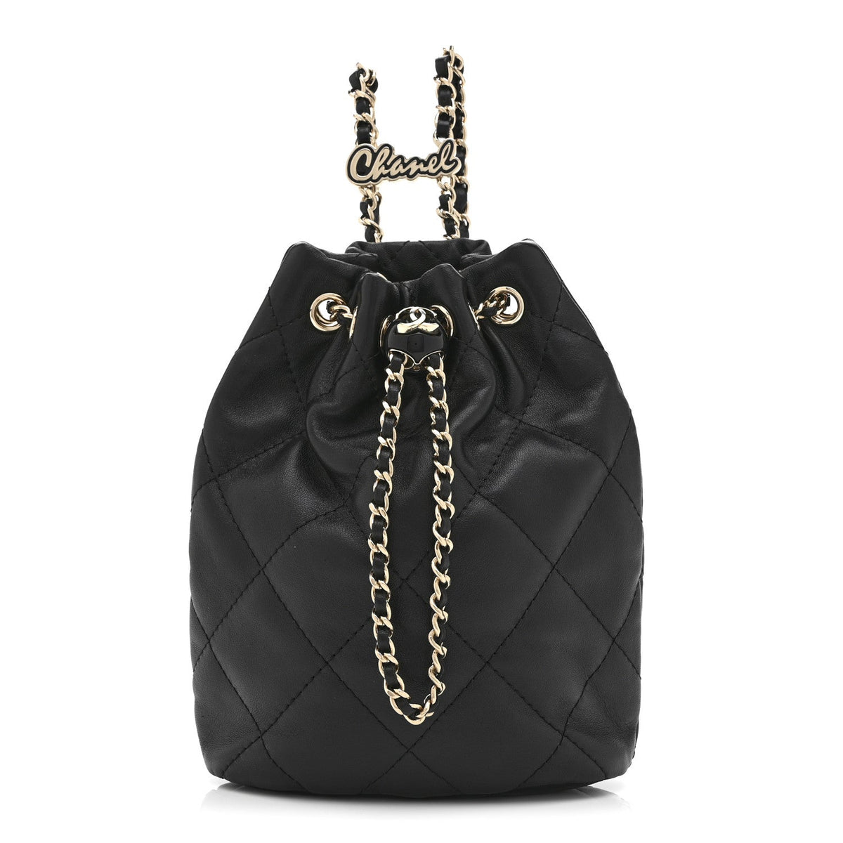 Shiny Lambskin Quilted Drawstring Backpack Black