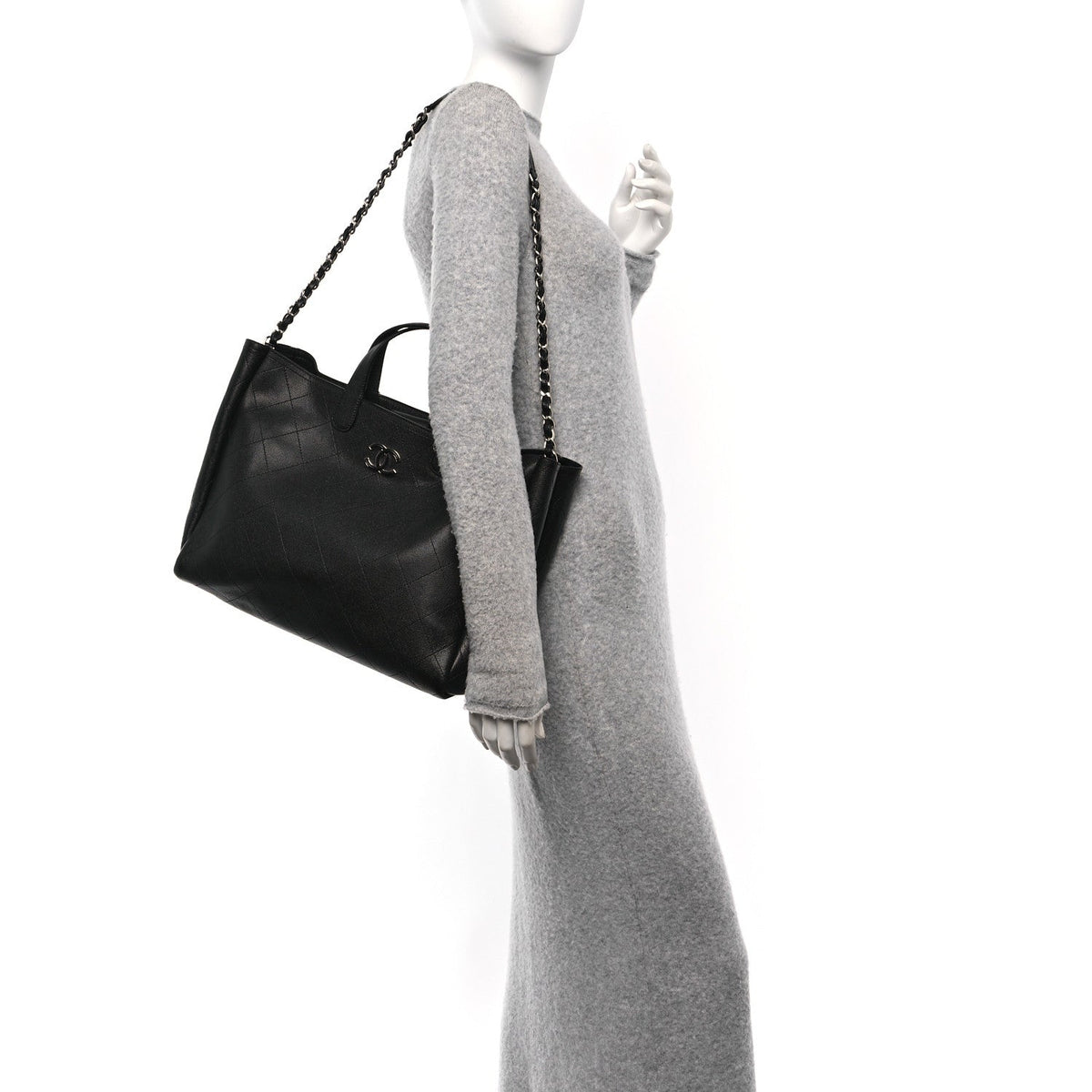 Caviar Stitched Large Lady Coco Shopping Tote Black