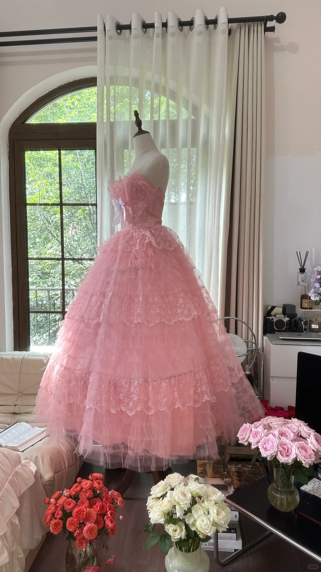 Vintage Pink Strapless Sweetheart Design Romantic Chiffon Tiered Evening Dress Prom Dress  D1485