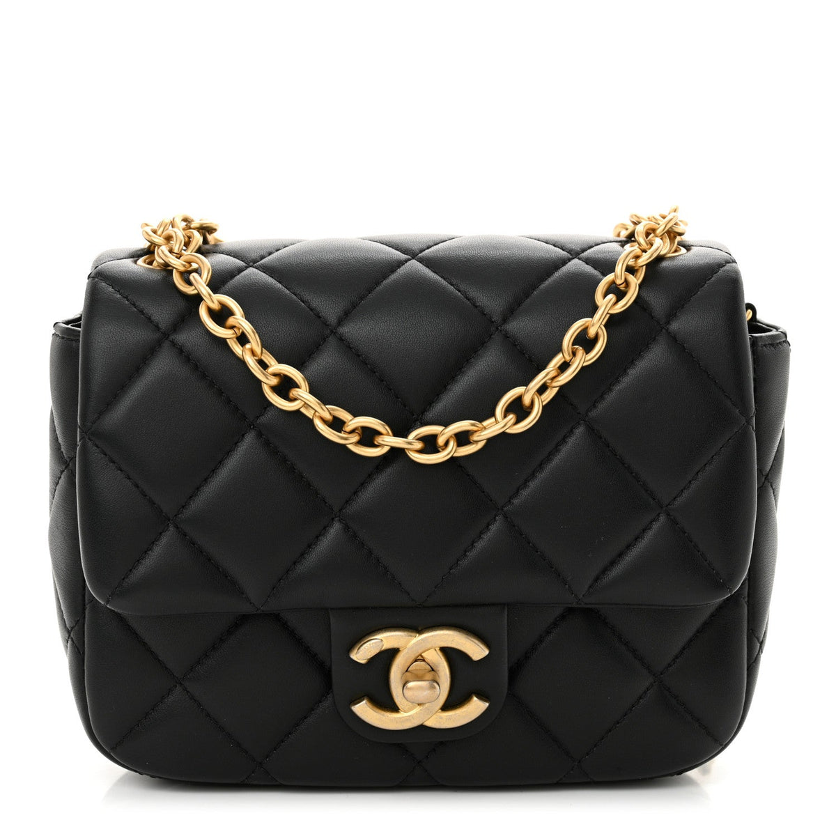 Lambskin Enamel Pearl Quilted Mini Charm Me Square Flap Black