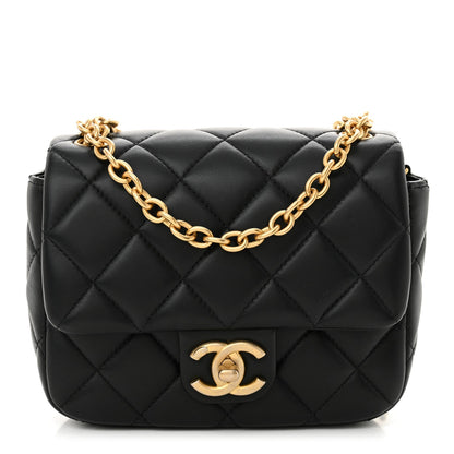 Lambskin Enamel Pearl Quilted Mini Charm Me Square Flap Black