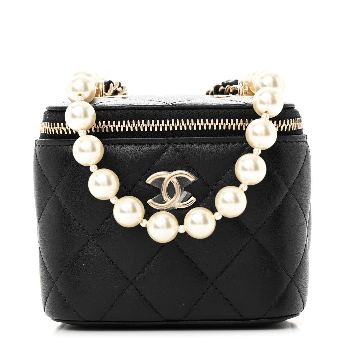 Lambskin Quilted Mini Vanity Case With Pearl Chain Black