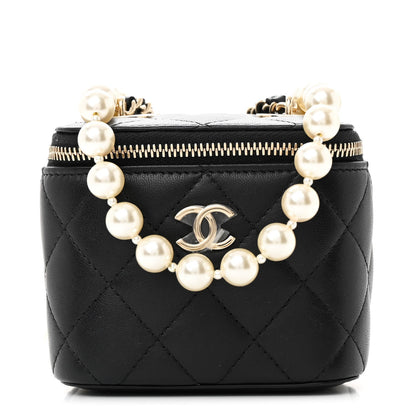 Lambskin Quilted Mini Vanity Case With Pearl Chain Black