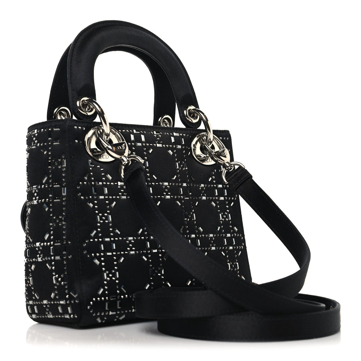 Satin Crystal Cannage Mini Lady Dior Black