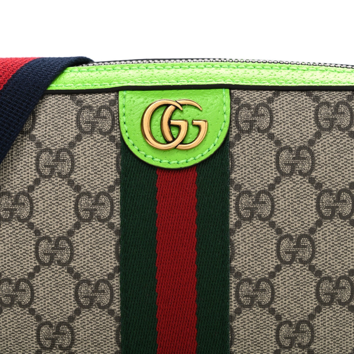 GG Supreme Monogram Textured Dollar Calfskin Web Ophidia Wristlet Shoulder Bag Beige Ebony Green