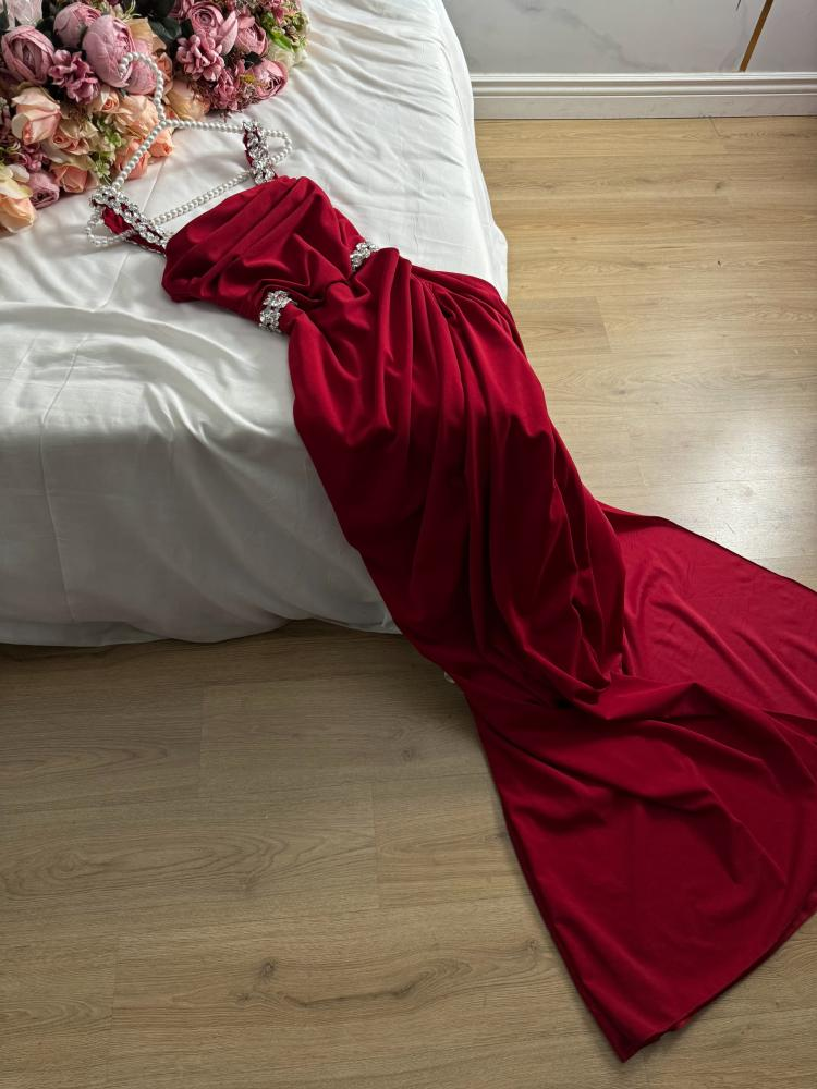 Wine Red Spaghetti Straps Sheath Long Evening Party Dress MD7367
