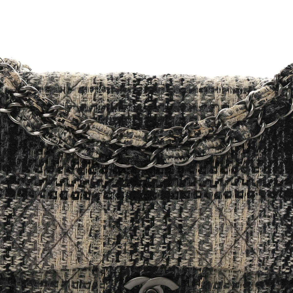 Tweed Quilted Medium Double Flap Beige White Black