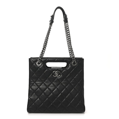 Goatskin Quilted Small Perfect Edge Shopping Tote Black