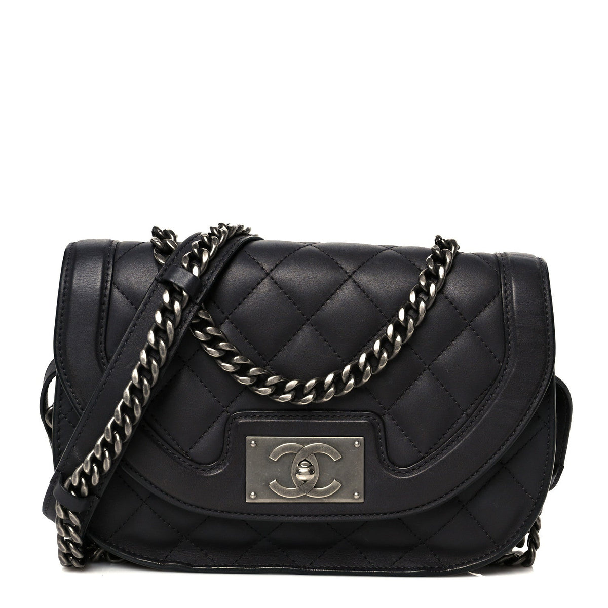 Shiny Goatskin Quilted Small Double Chained Messenger Flap Black