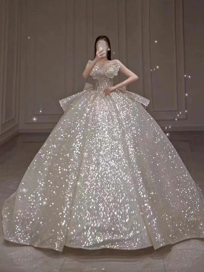 Stunning Ball Gown Strapless Beaded Sequin Prom Dress Wedding Dress with Butterfly SH4456