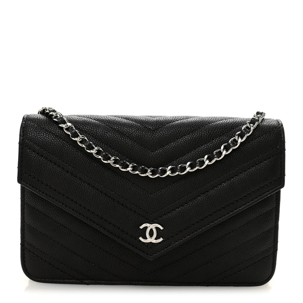 Goatskin Chevron Quilted Statement Wallet On Chain WOC Black