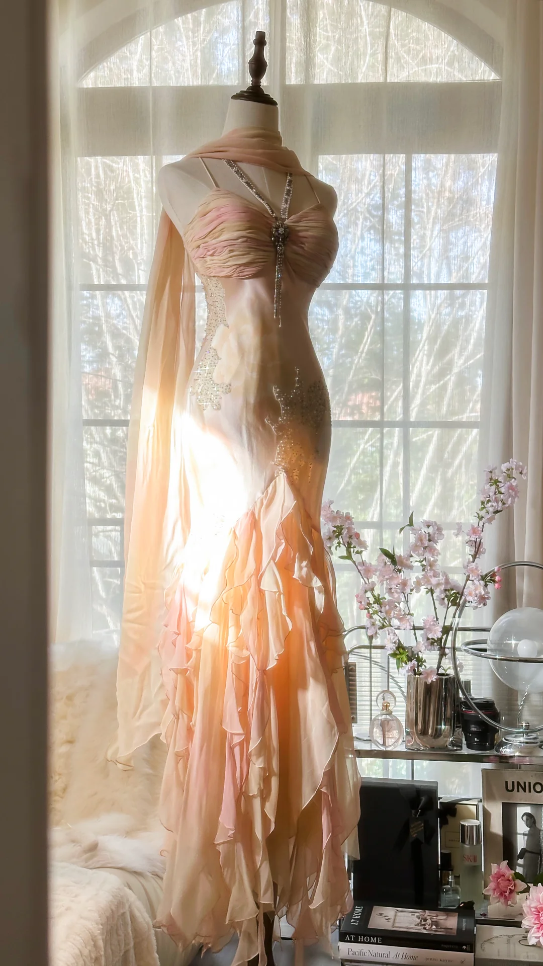 Vintage Mermaid Beaded Floral Design Romantic Chiffon Evening Dress Prom Dress D1512