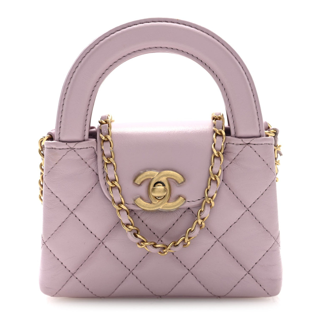 Shiny Aged Calfskin Quilted Mini Nano Kelly Shopper Light Pink