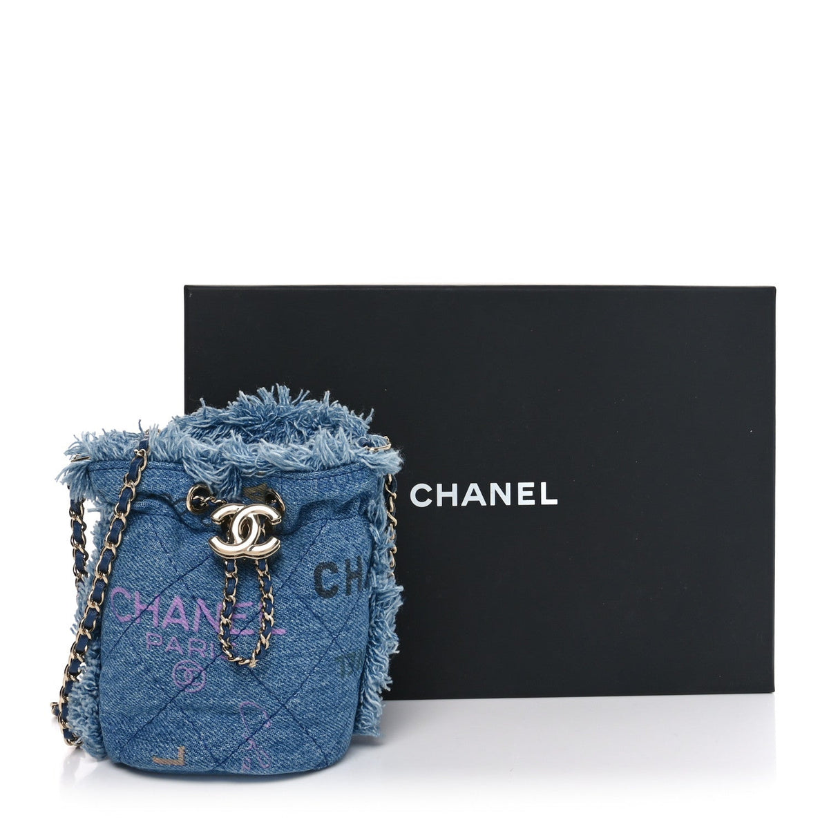 Denim Quilted Mood Mini Bucket With Chain Blue Multicolor