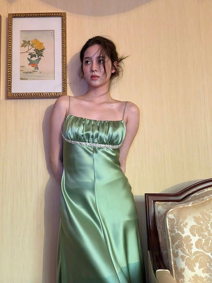 Vintage A Line Spaghetti Strap Beaded Green Satin Party Dress Evening Dress SH2864