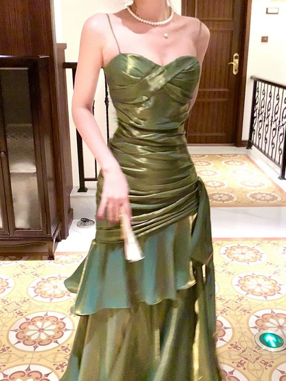 Green Spaghetti Straps A-Line Chiffon Long Evening Party Dress MD7380