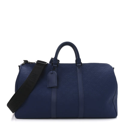 Embossed Calfskin Monogram Shadow Keepall Bandouliere 50 Navy Blue