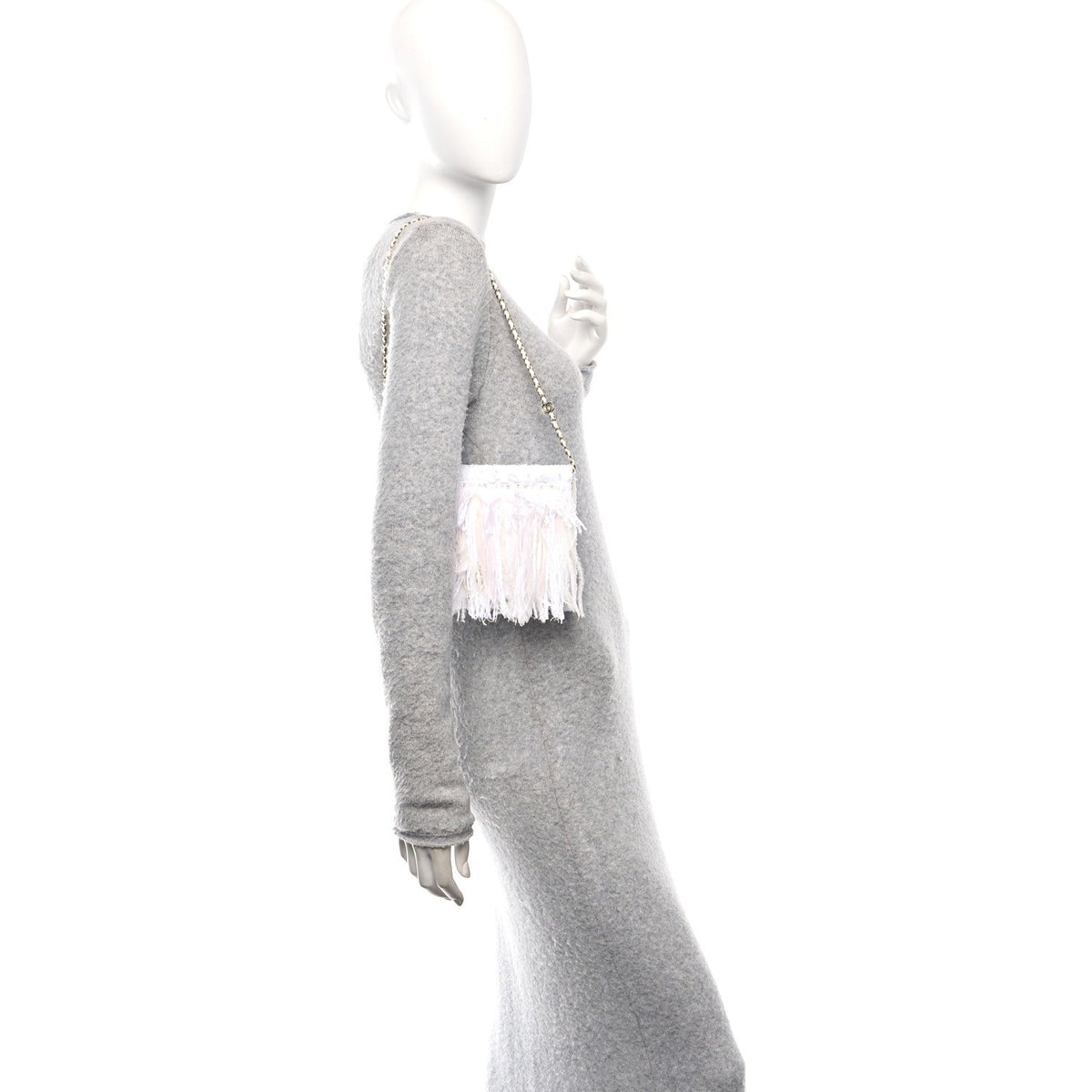Tweed Embroidered Feathers Pearl Crystal Clutch White