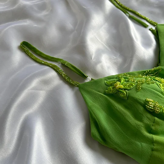 Green Spaghetti Straps Ruffles Sheath Vintage Long Party Dress MD7499