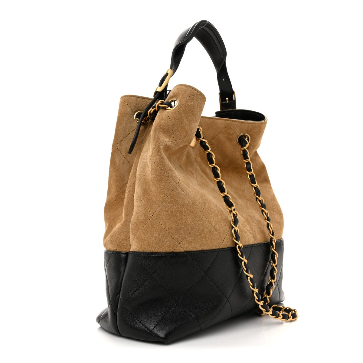 Suede Calfskin Shiny Lambskin Quilted Shopping Bag Beige Black