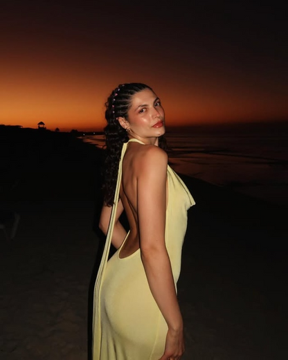 Light Yellow Halter Sheath Satin Long Party Dress Wedding Guest Dress, D185