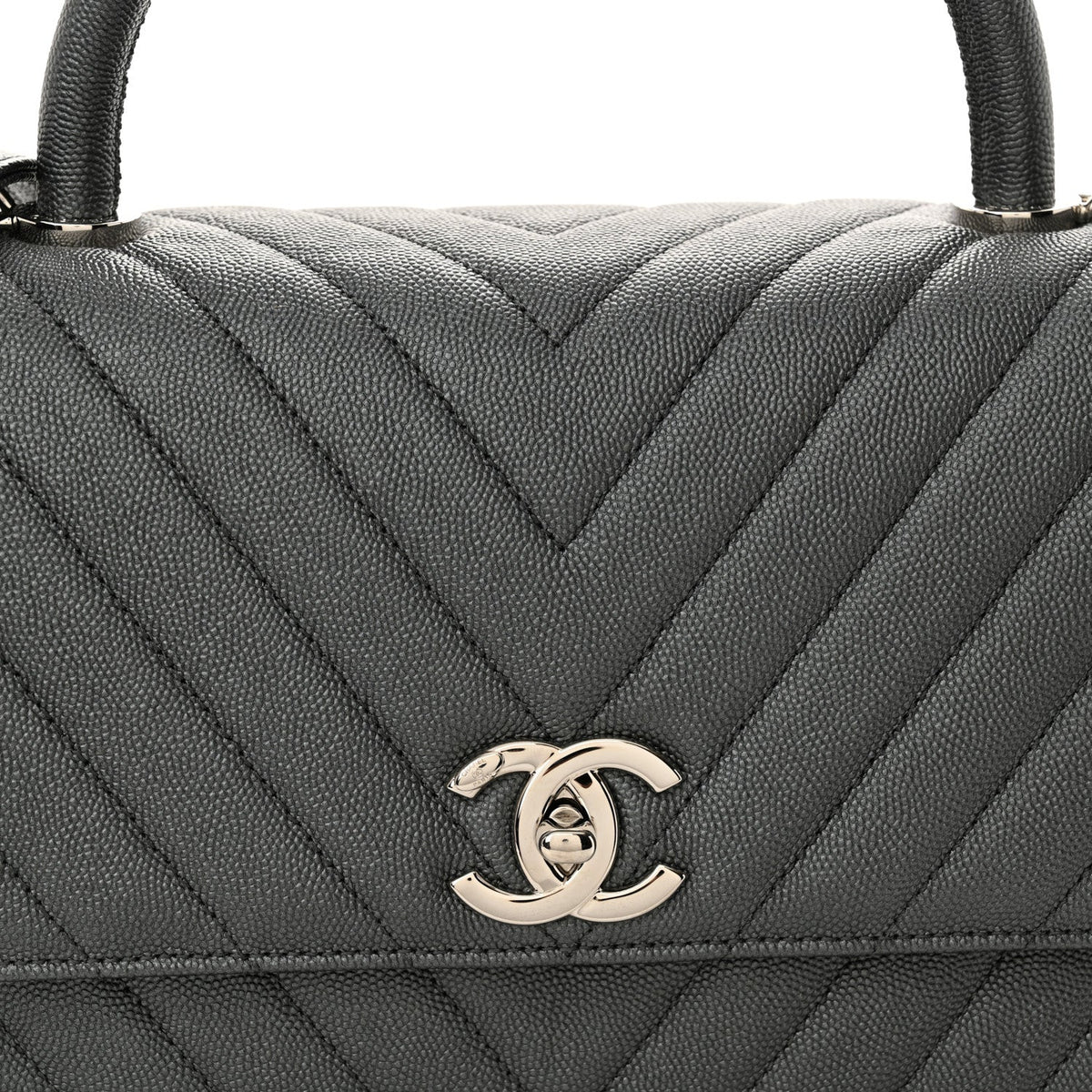 Metallic Caviar Chevron Quilted Small Coco Handle Flap Dark Silver