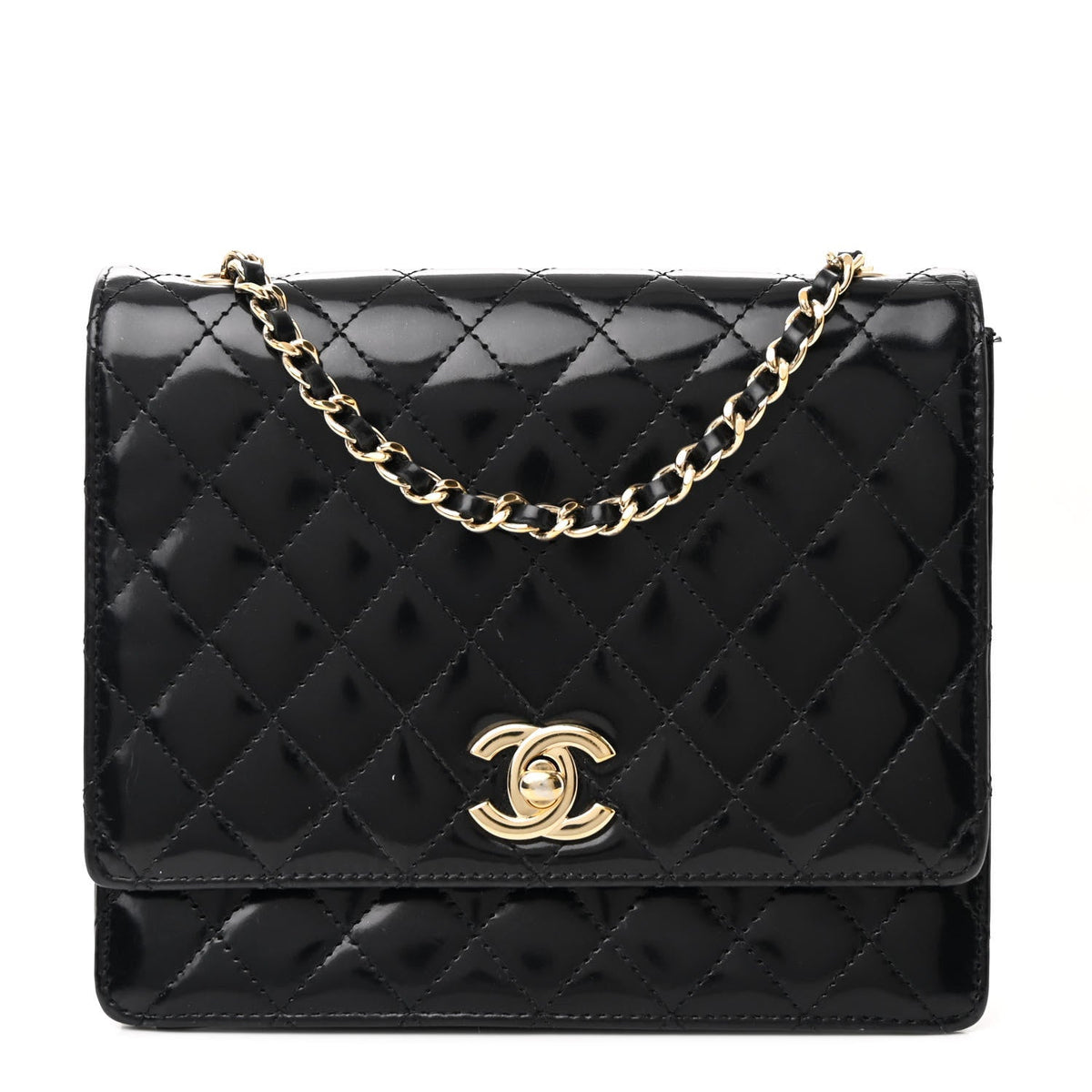 Patent Calfskin Quilted Mini Square Flap Black