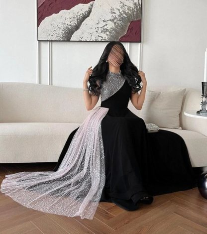 Black High Neck Sleeveless A-Line Long Formal Party Dress MD7488