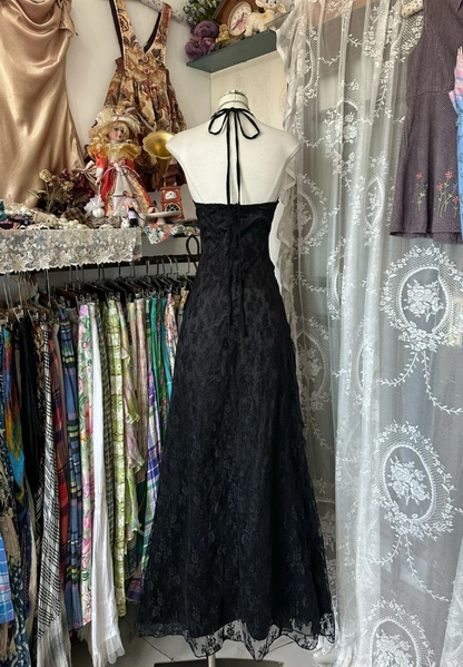 Black V Neck Halter A-Line Lace Vintage Long Prom Dress, D24