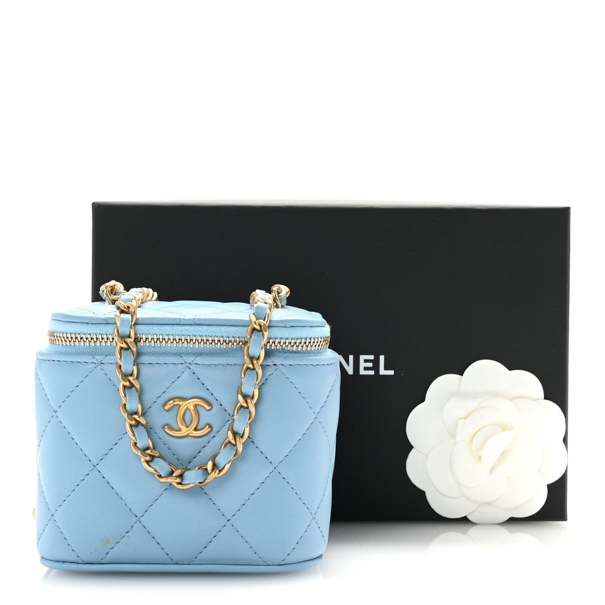 Lambskin Quilted Pearl Crush Mini Vanity Case With Chain Light Blue