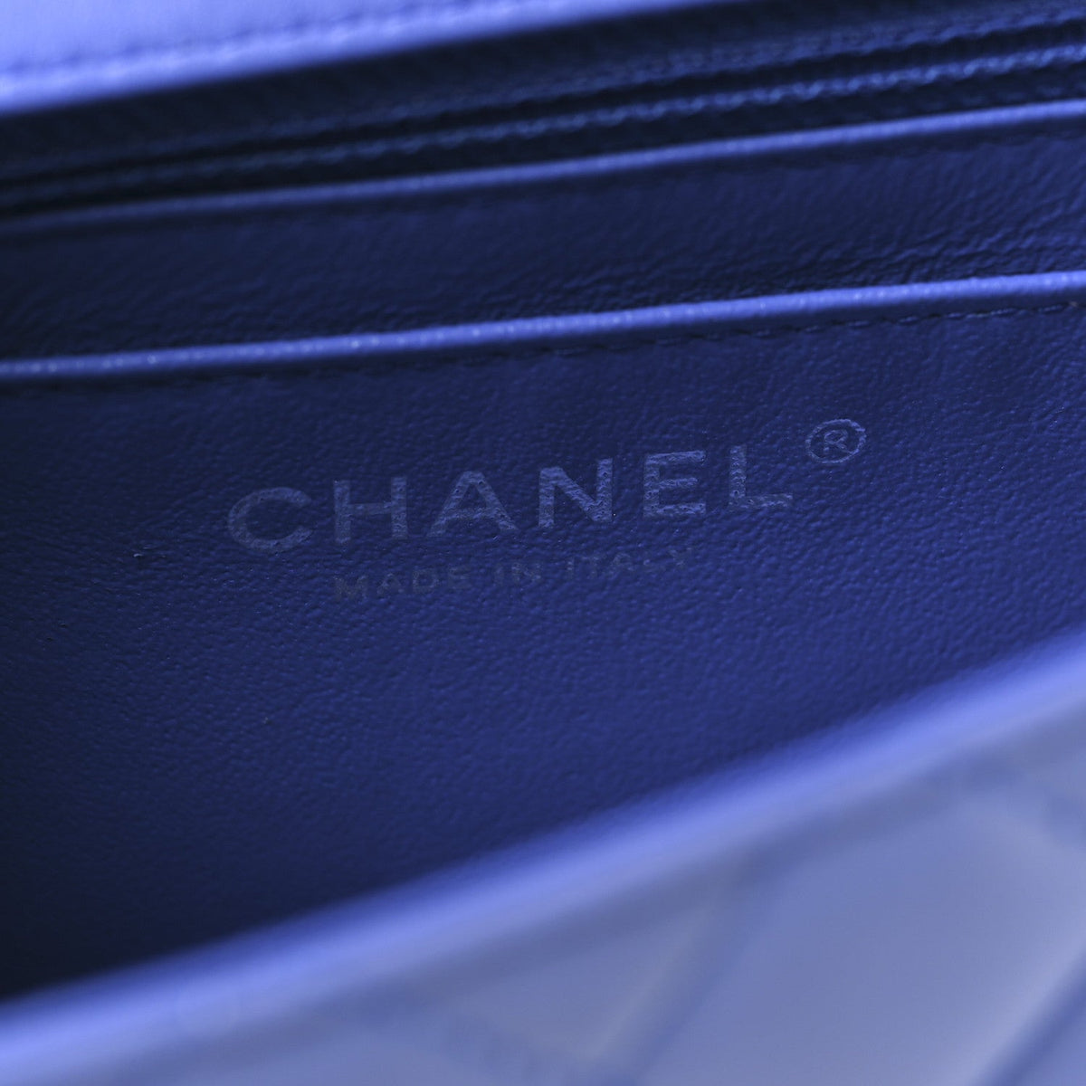 Patent Calfskin Quilted Mini Rectangular Flap Blue
