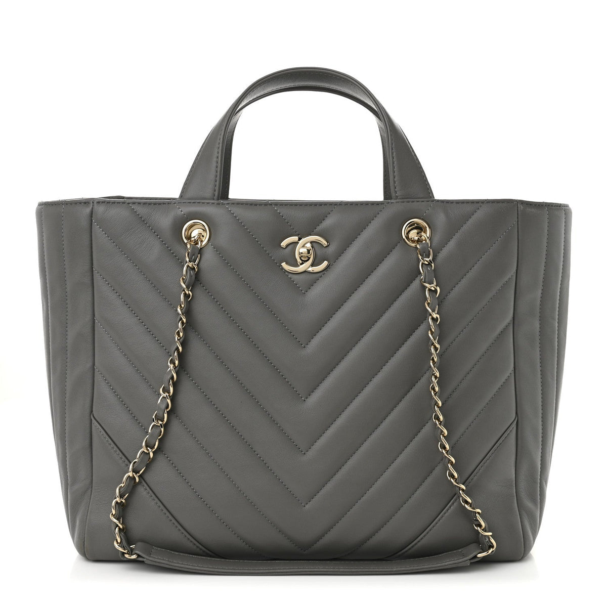 Calfskin Chevron Quilted Statement Shopping Tote Grey