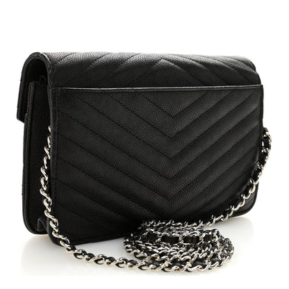 Goatskin Chevron Quilted Statement Wallet On Chain WOC Black
