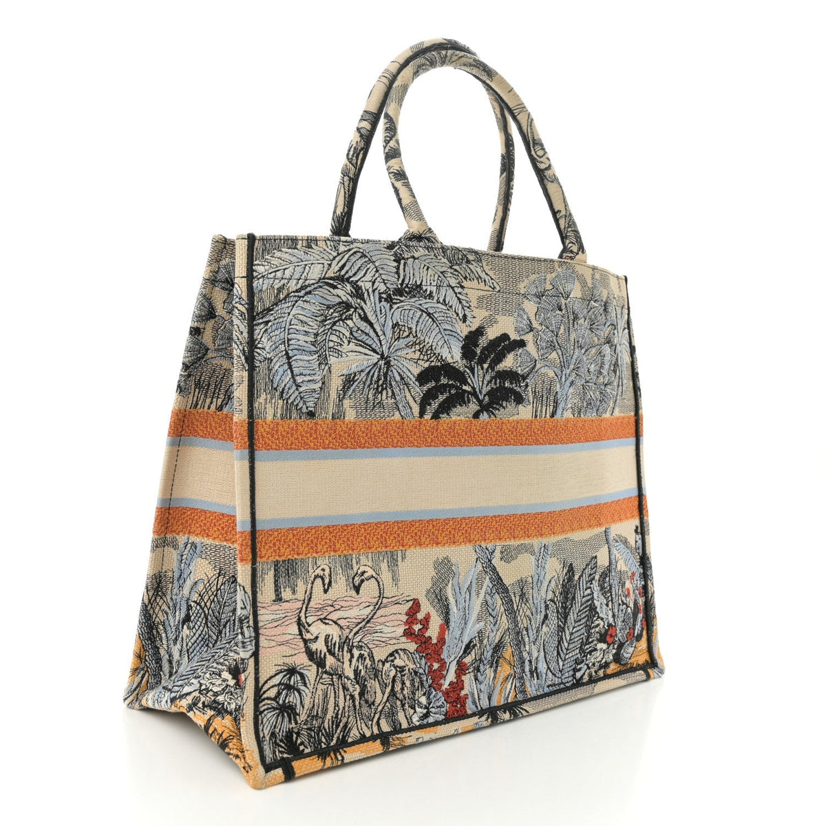 Canvas Embroidered Toile De Jouy Tropicalia Large Book Tote Denim Blue