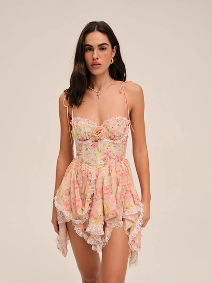 Vintage Lace Floral Spaghetti Strap Ruffled Hem Design A-line Party Dress, D1421
