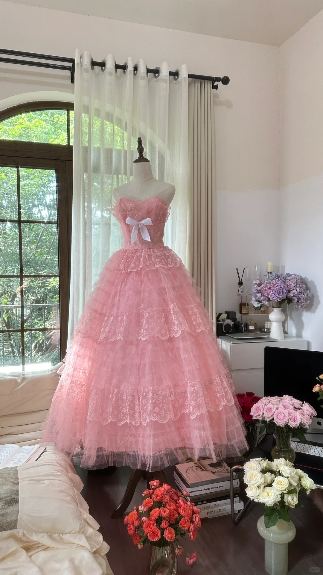 Vintage Pink Strapless Sweetheart Design Romantic Chiffon Tiered Evening Dress Prom Dress  D1485