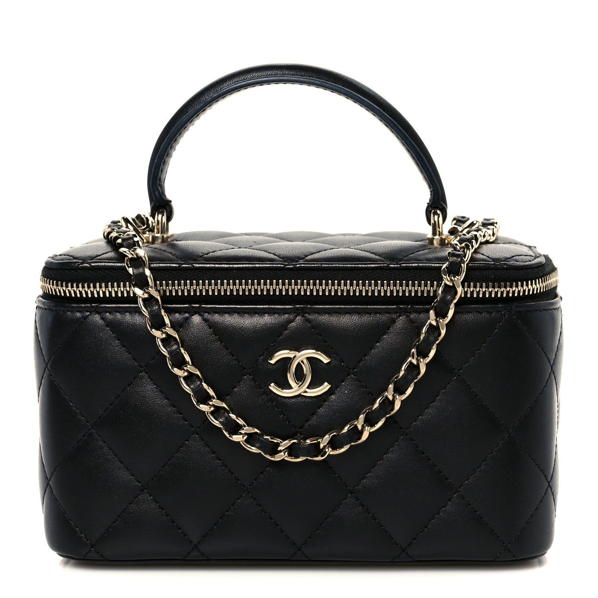 Lambskin Quilted Small Top Handle Vanity Case With Chain Black