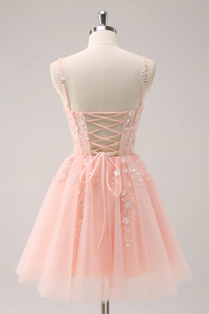 Vintage Pink 3D Flowers Design A-line Sleeveless Spaghetti Strap Homecoming Dress , D1369