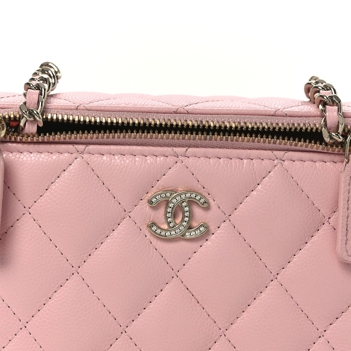 Caviar Quilted Crystal CC Logo Vanity Case With Chain Pink