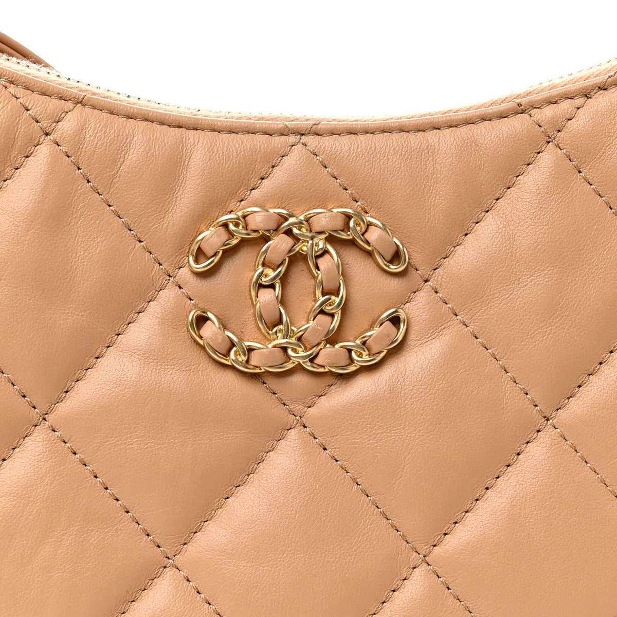 Crumpled Calfskin Quilted Braided CC Hobo Beige