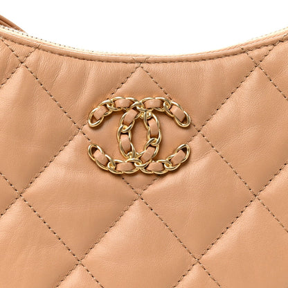 Crumpled Calfskin Quilted Braided CC Hobo Beige