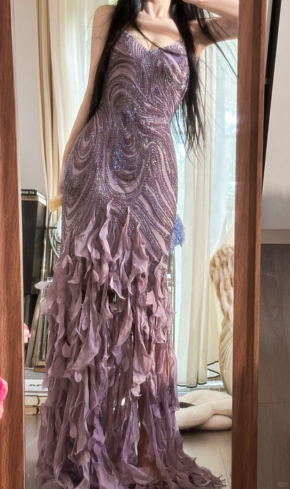 Vintage Purple Sparkling Strapless Design Elegant Chiffon Evening Dress Prom Dresses D1491