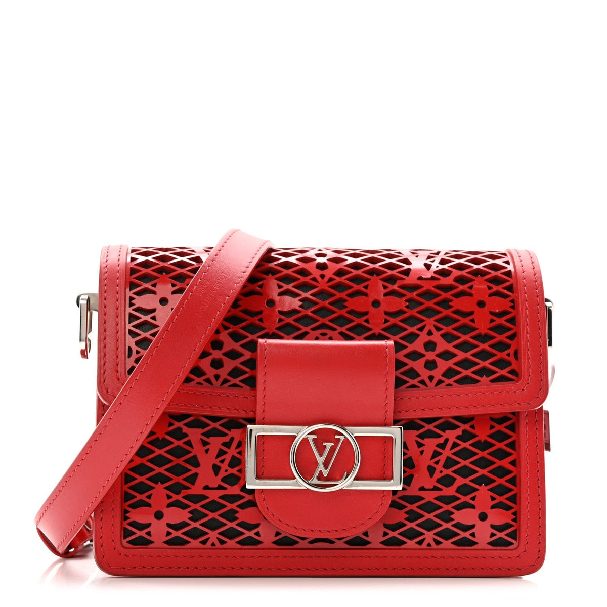 Patent Calfskin Monogram Lace Dauphine Mini Red