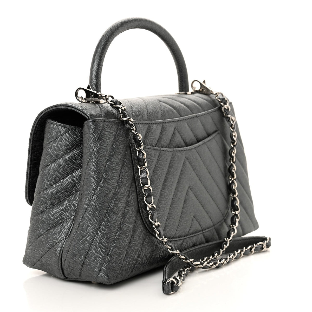 Metallic Caviar Chevron Quilted Small Coco Handle Flap Dark Silver