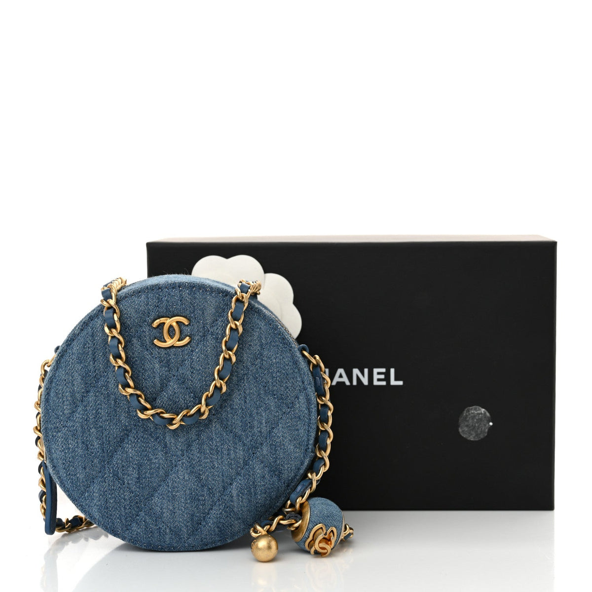 Denim Quilted Round Pearl Crush Clutch With Chain Blue