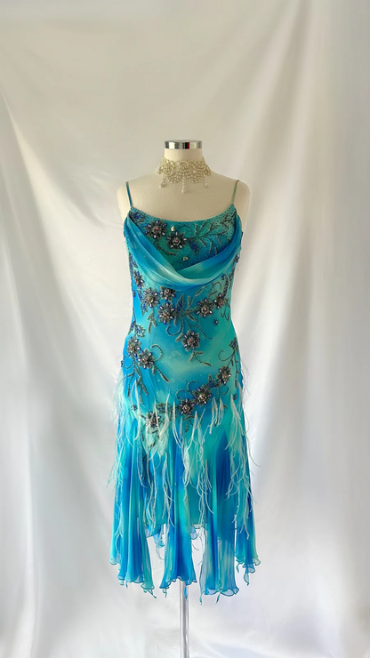 Vintage Blue Spaghetti Straps Sheath Beading Long Evening Party Dress, D773