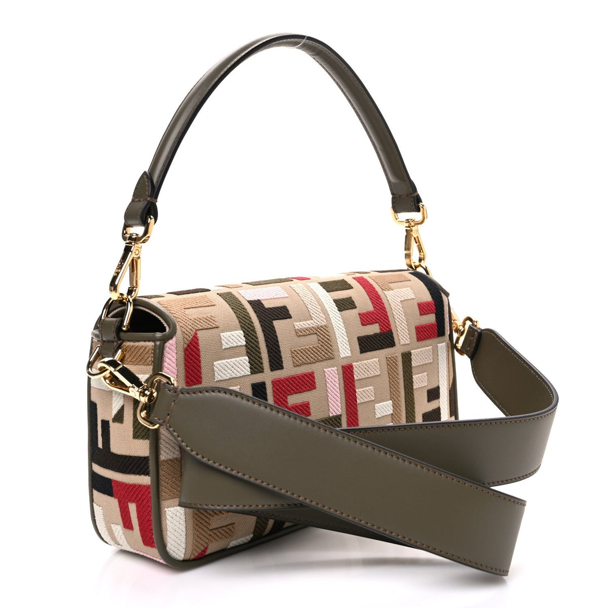 Canvas Vitello Seta FF Multicolor Embroidered Baguette Sand Avocado Multicolor
