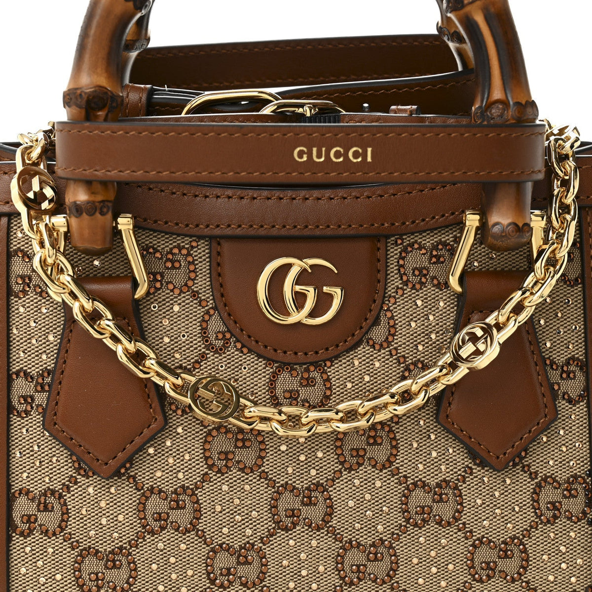 New Canvas Charisma Calfskin Crystal GG Monogram Mini Diana Tote Bag Camel Ebony