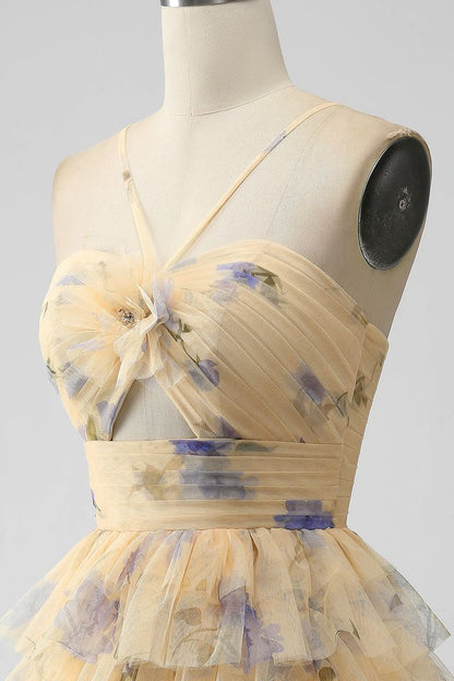 Vintage Yellow Floral Design A-line Spaghetti Strap Tiered Homecoming Dress, D1355
